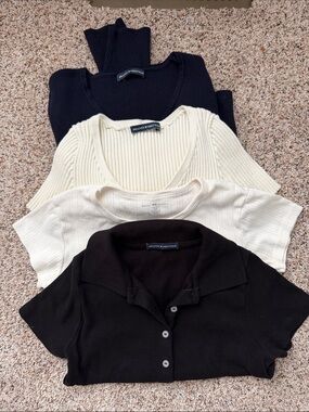 Brandy Melville Neutral Ribbed & Polo Top Set — Black & Cream